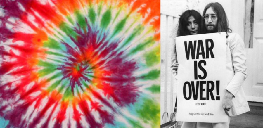 Tie-dye cloth and John Lennon with Yoko Ono.