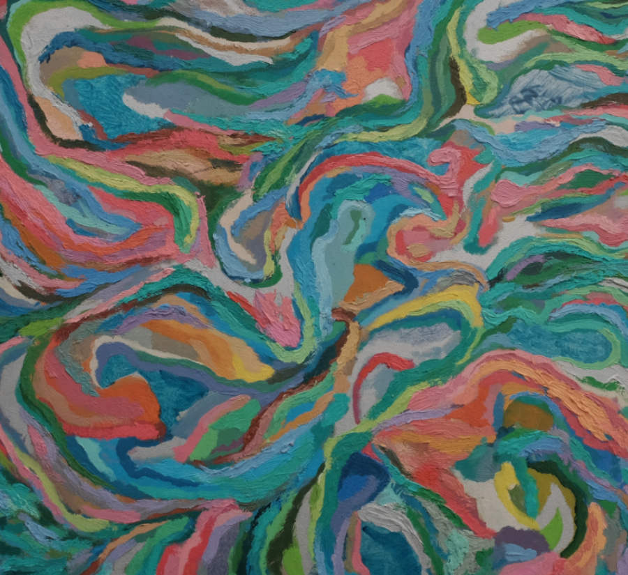 Abstract oil painting on panel.