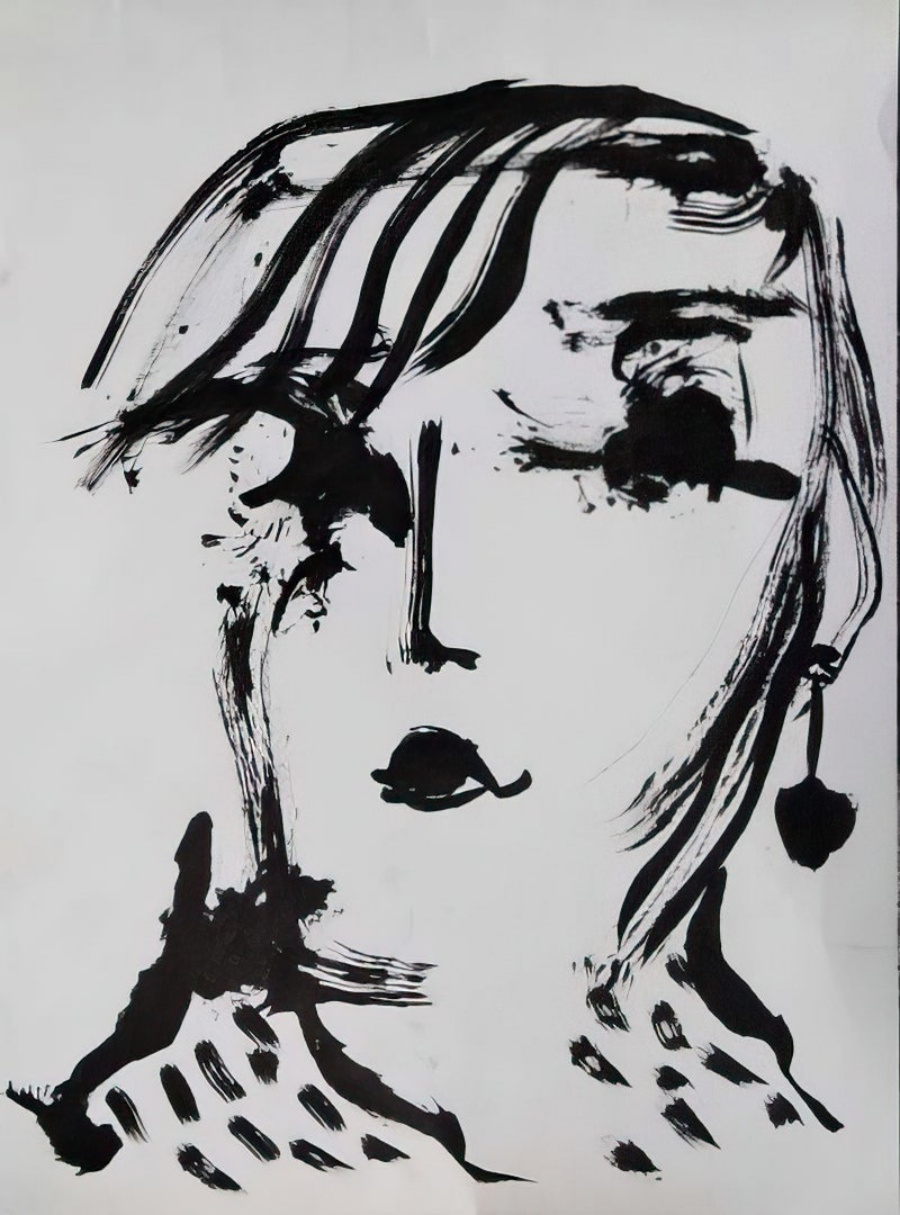 A brush and ink portrait on paper.