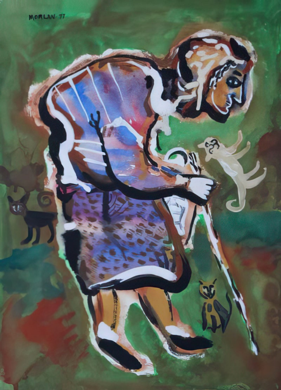A gouache and ink painting of Mrs. Davidson Feeding the Feral Cats