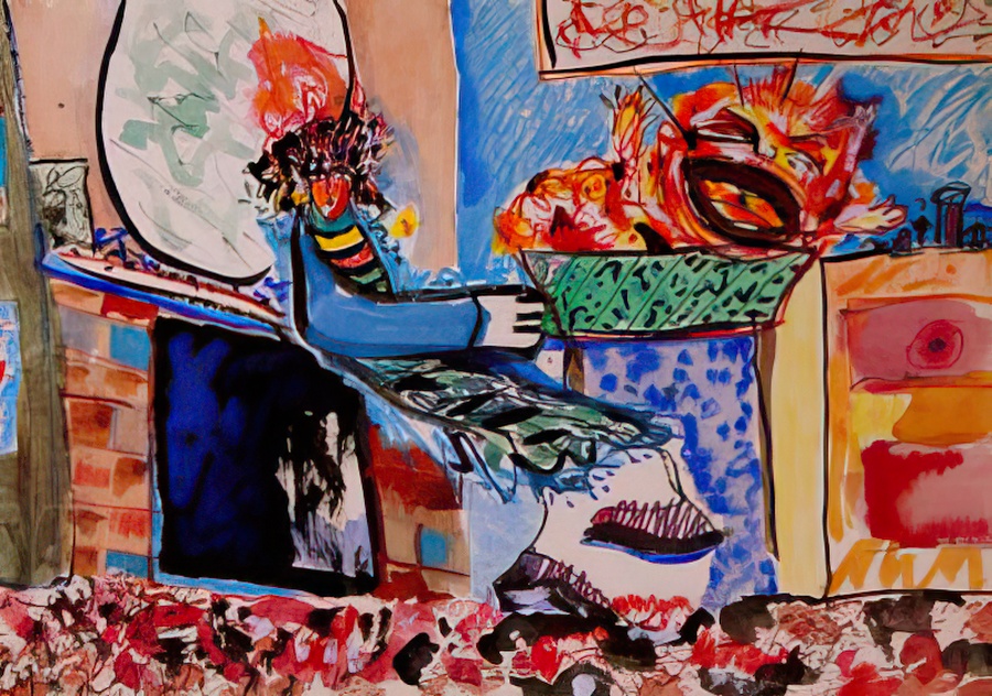 A gouache on paper painting of Naomi screaming with Valerie looking baffled.