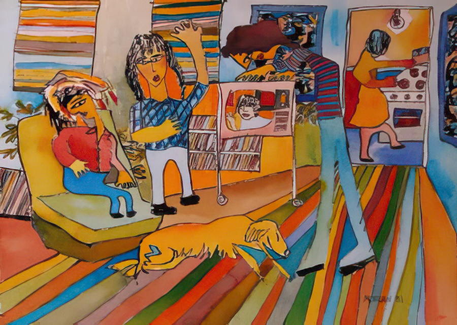 A colorful gouache on paper painting of family and friends indoors.