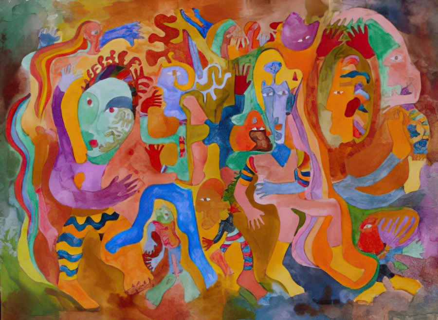 A gouache on paper painting of family and friends.