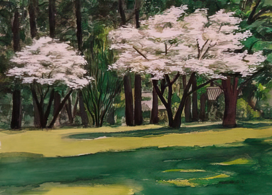 A gouache on paper painting of a city park in spring.