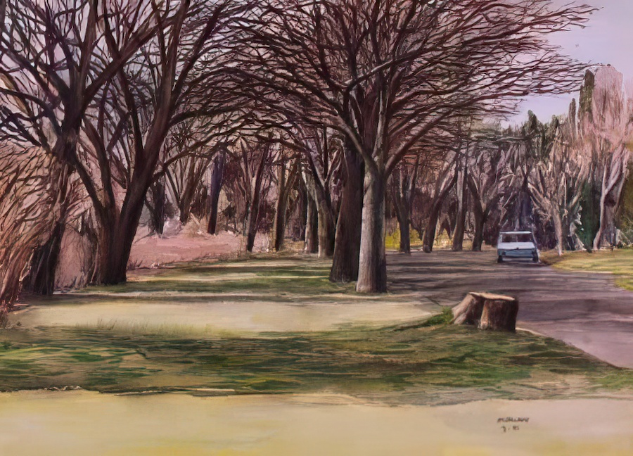A gouache on paper painting of a city street in winter.