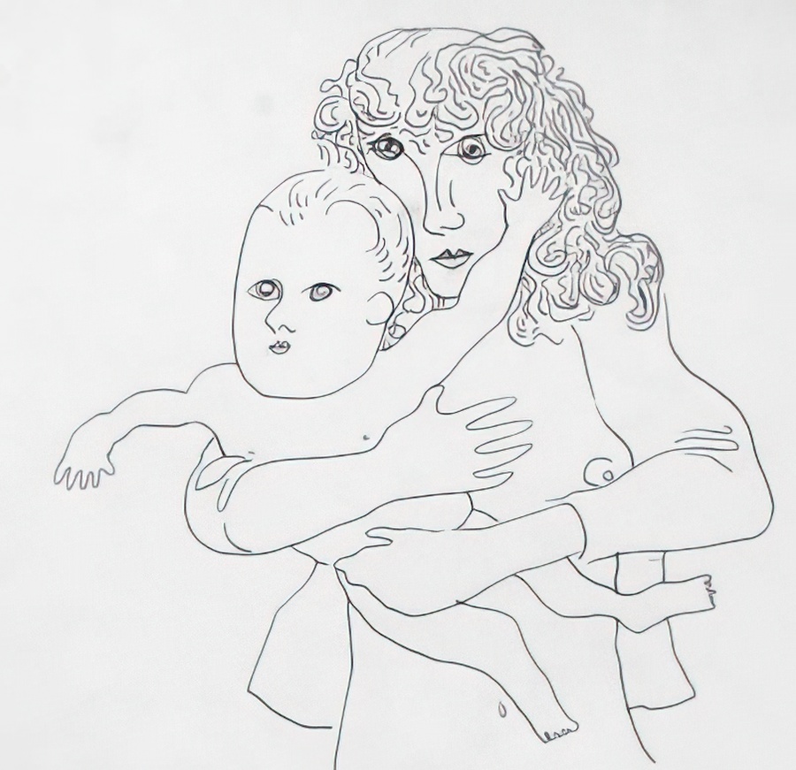 A pen and ink on paper drawing of Valerie holding Naomi.