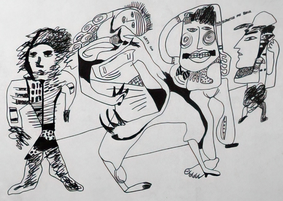 An ink drawing of early 1980s urbanites.