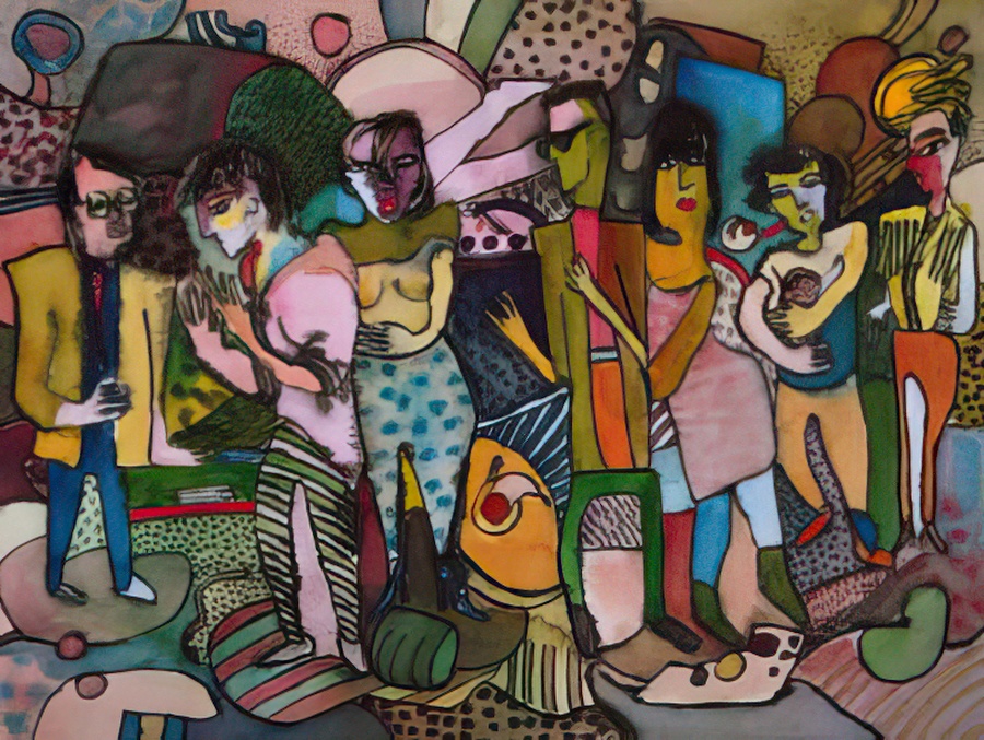 A gouache and ink drawing of early 1980s urbanites.
