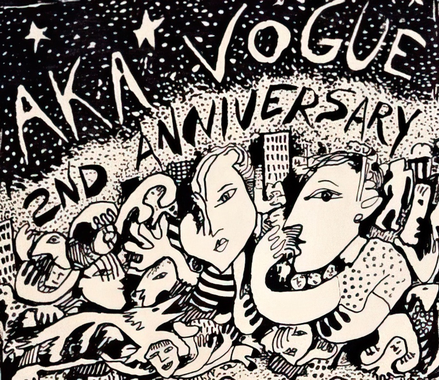 Pen and ink poster for the second anniversary of the Vogue nightclub.