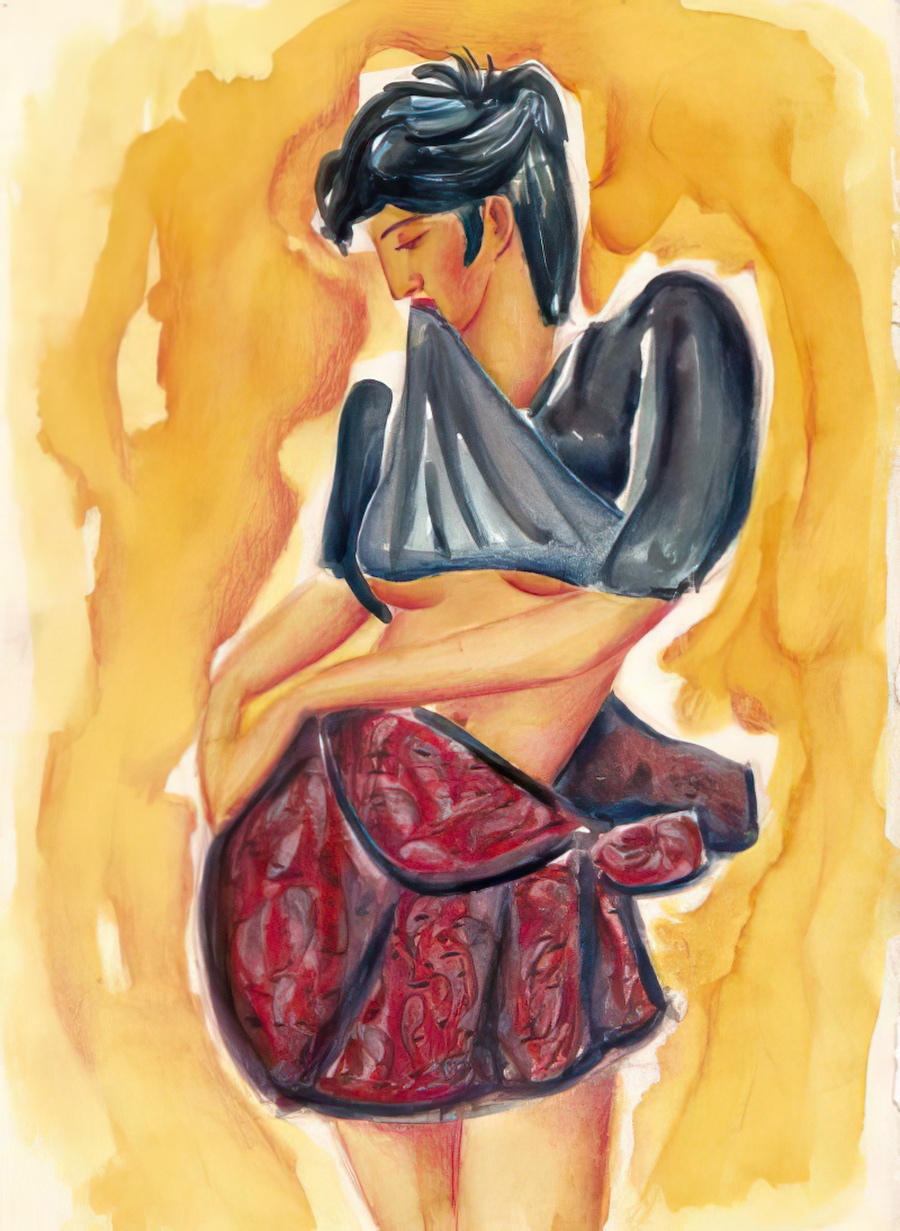 Woman pinning a self-made skirt.