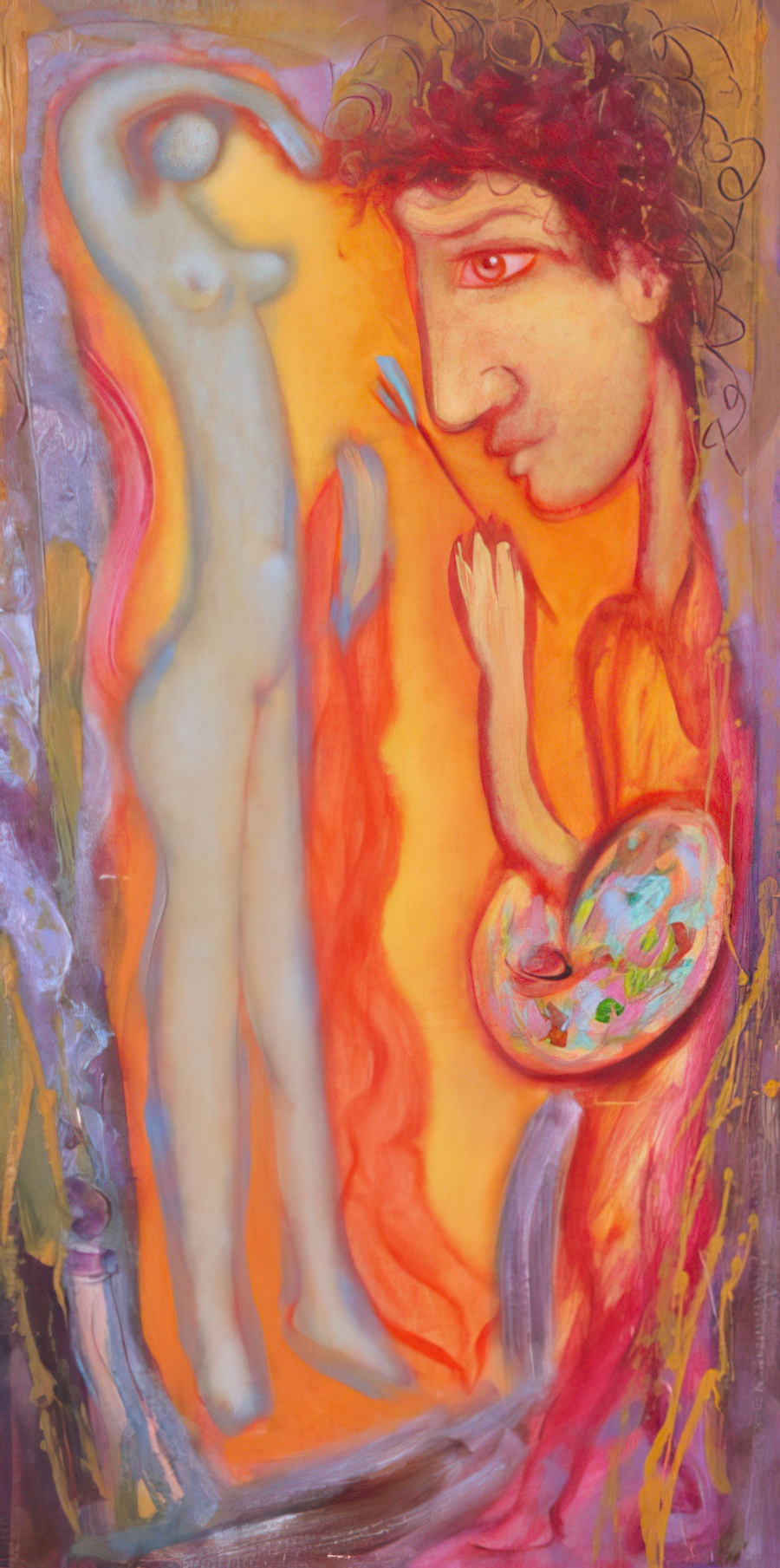 Self portrait painting a nude female.