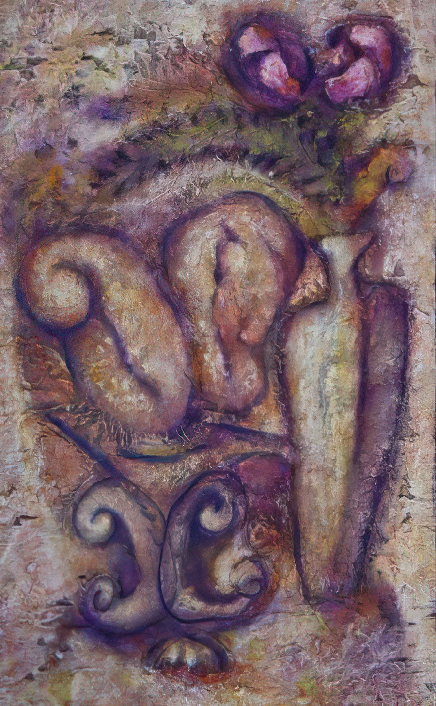 Still-life painting of bread and flowers.