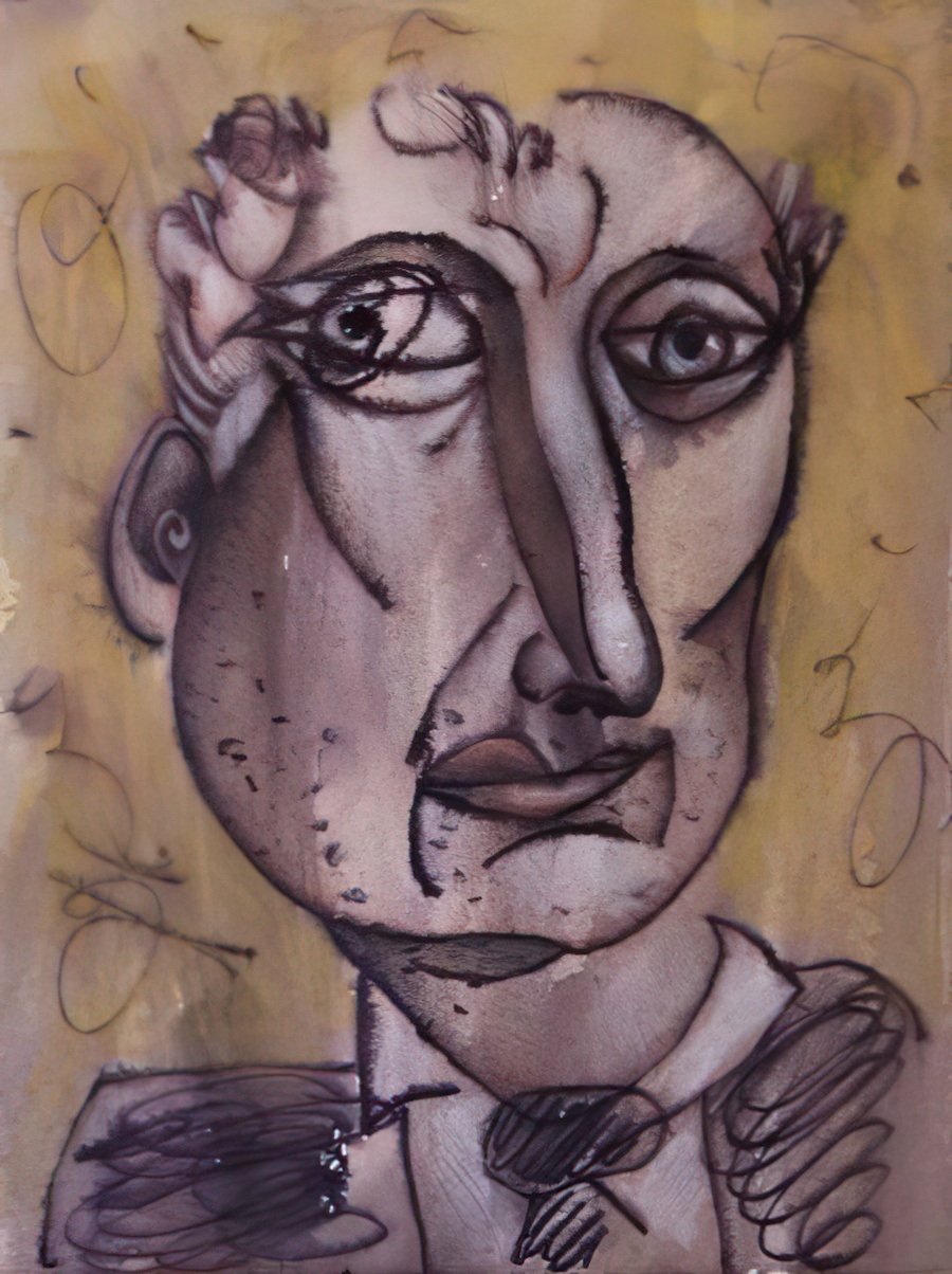 An ink and watercolor portrait on paper.