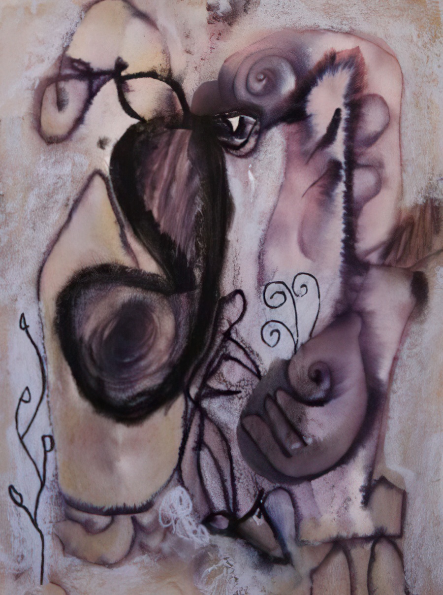 An ink, watercolor and water soluble crayon on paper abstract.
