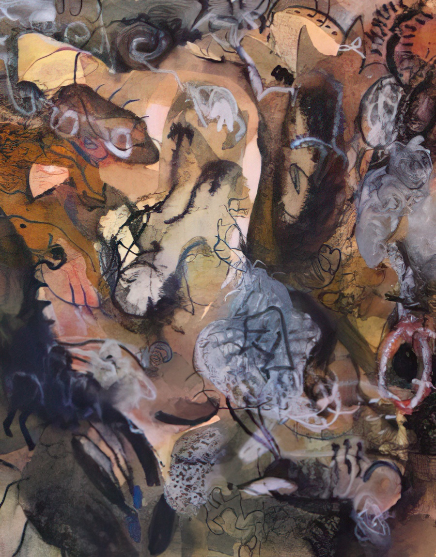 An ink, watercolor and water soluble crayon on paper abstract.