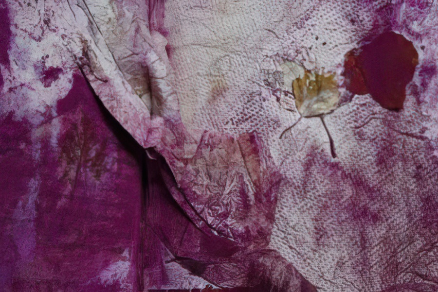 Raw pigment on paper towels and a leaf.
