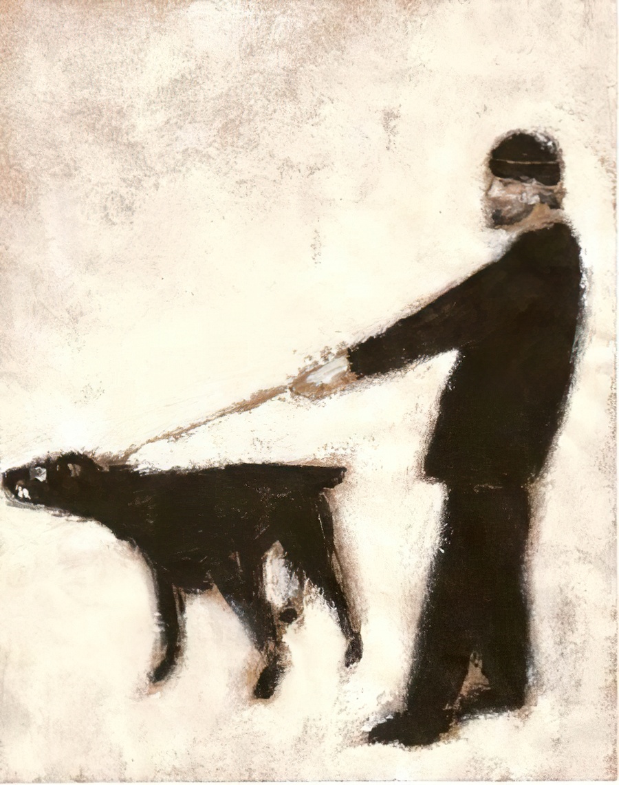 A painting of a man holding back an angry Rottweiler.