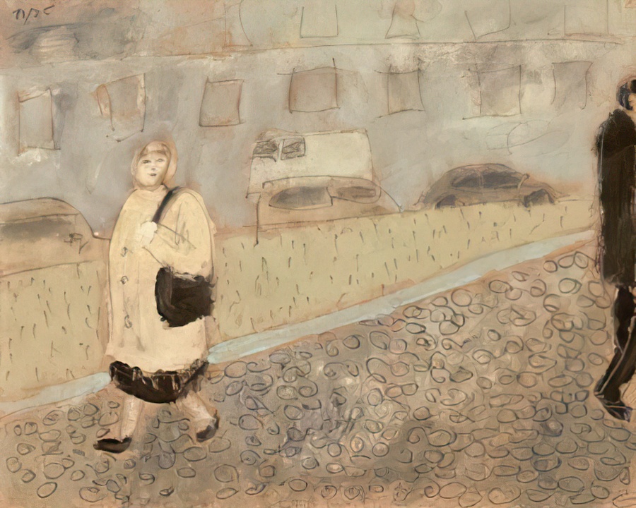 Woman walking with a large black bag.