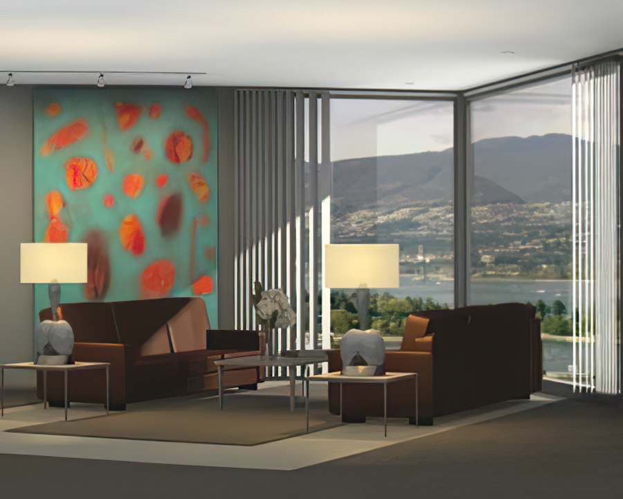 A 3D rendering of a condominium with a large painting on the wall.