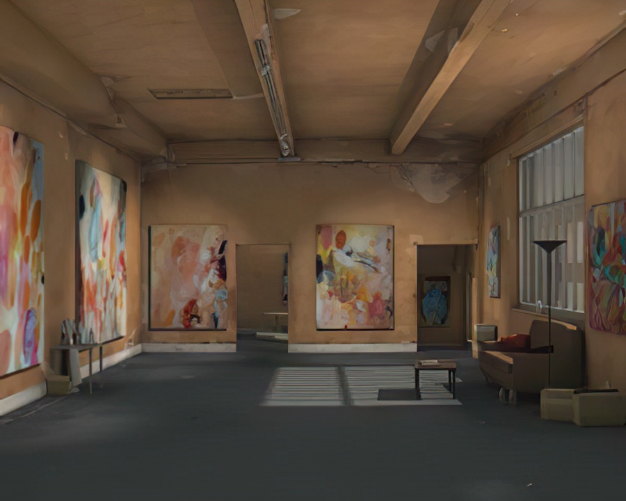 A 3D rendering of a studio with paintings.