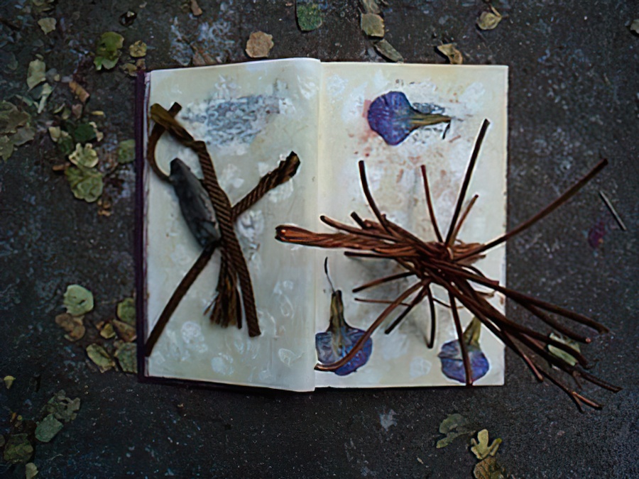 A book with various objects on it.