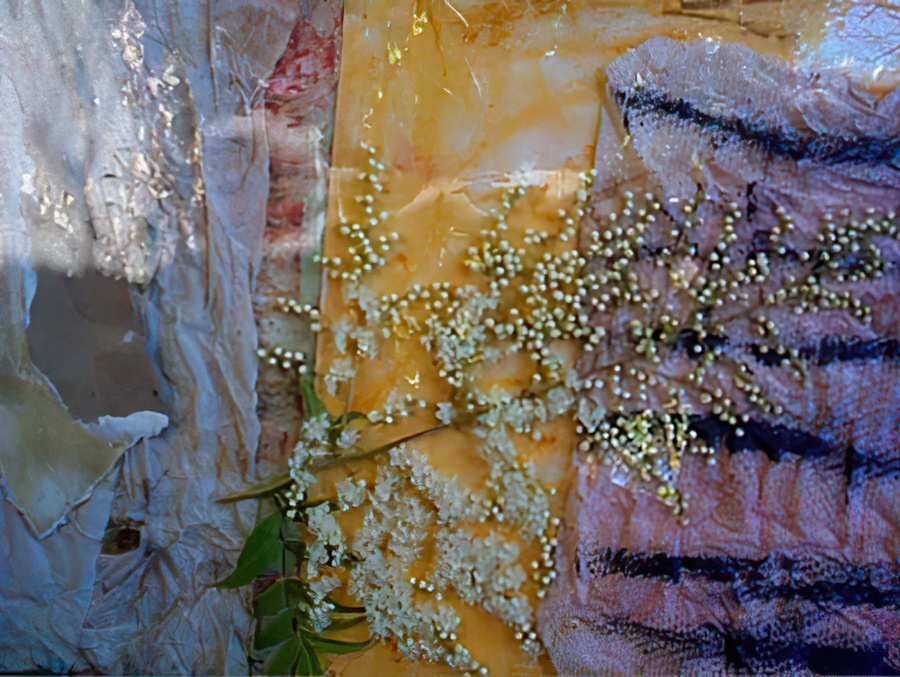Paper towels, art paper, pigment, flowers under glass.