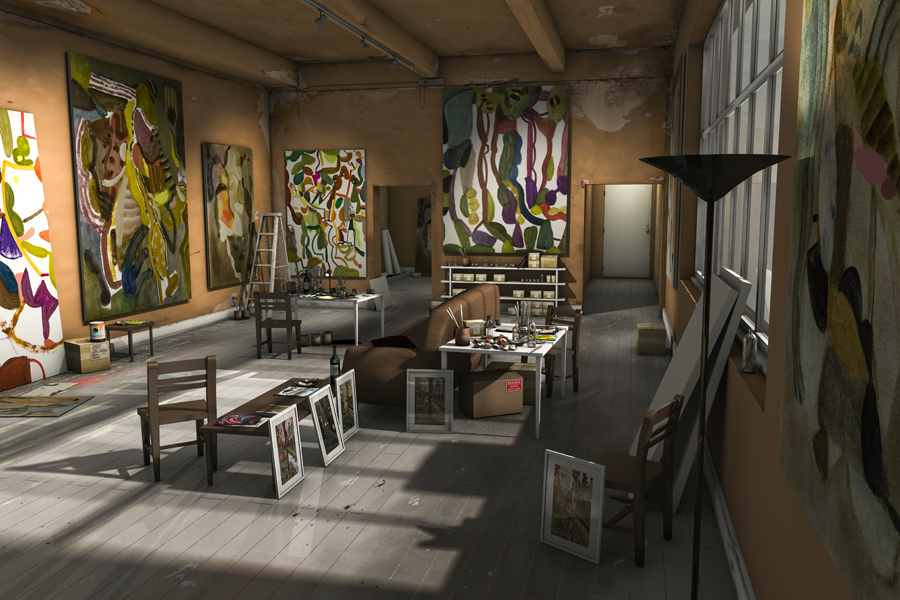 A 3D rendering of a studio full of paintings.