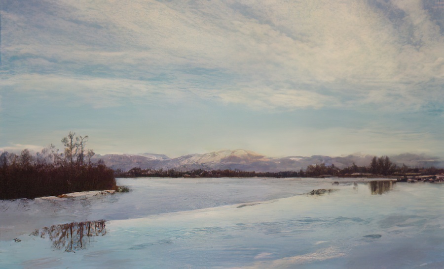 An oil painting of the Fraser River in winter.