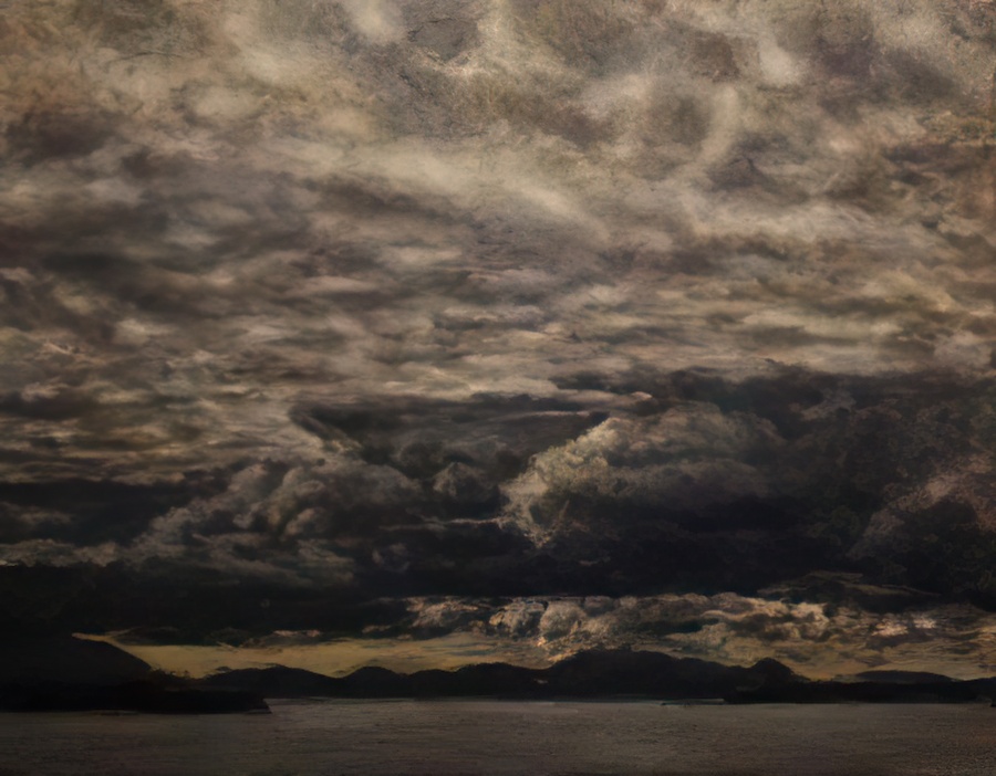 An oil painting of clouds over the Salish Sea.