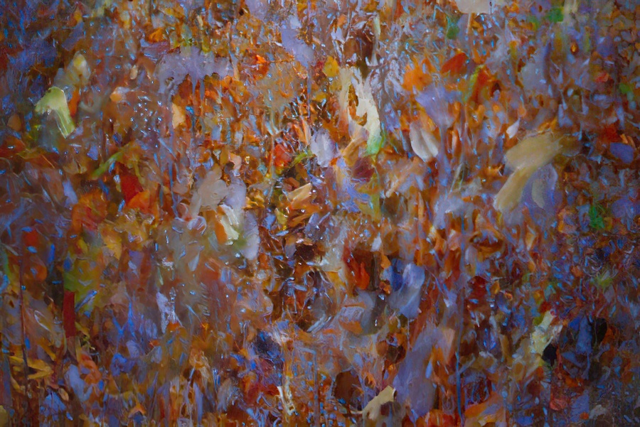A detail of an oil over acrylic painting.