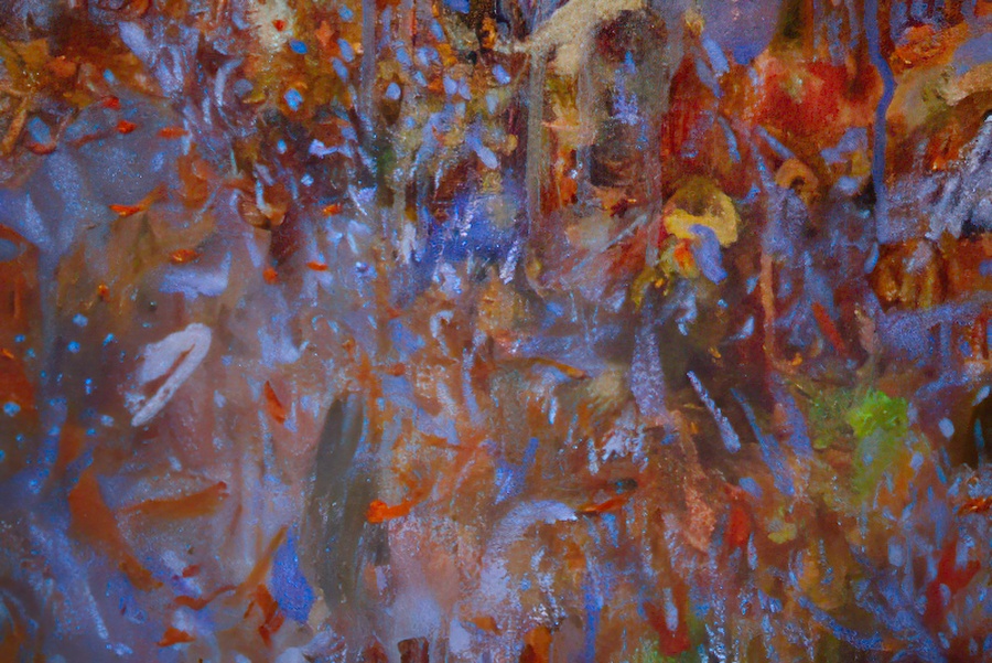 A detail of an oil over acrylic painting.