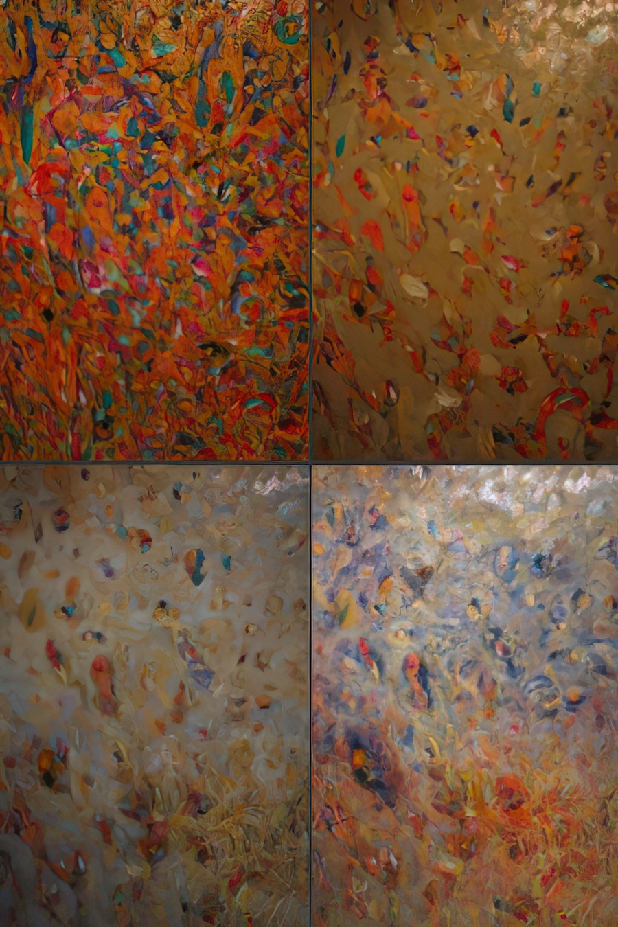 Four stages painting over the same oil painting.